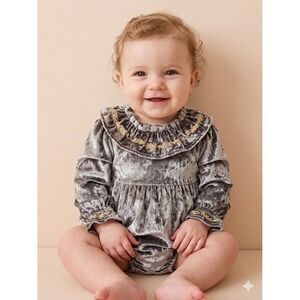 Billie Faiers George Grey Crushed Velvet Romper Gold Embroidery 18-24 Months